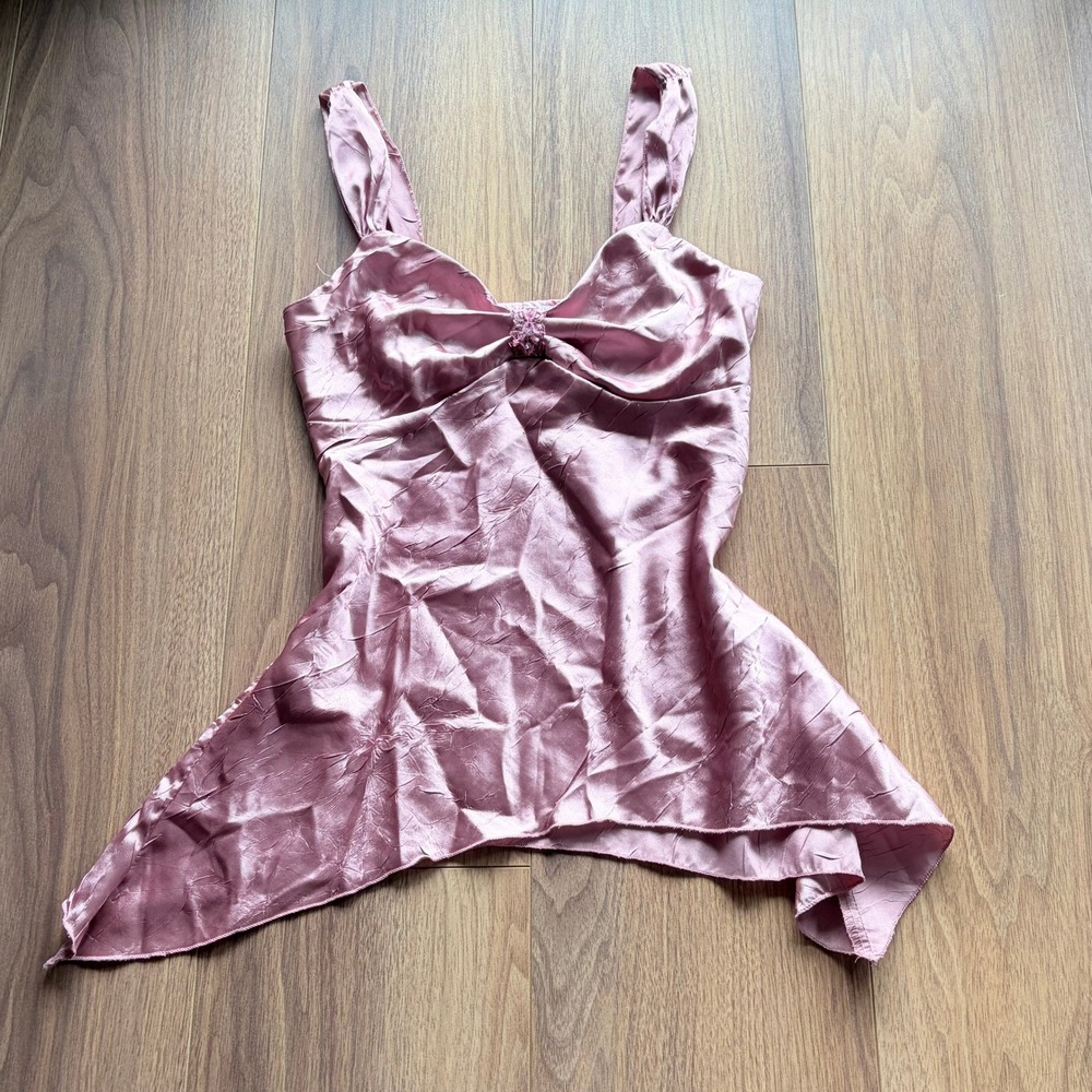 Ally B Y2K Fairycore Silky Crushed Satin Handkerchief Hem Camisole Top Pink S